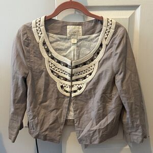 Anthropologie Gray and Cream Embroidered Blazer